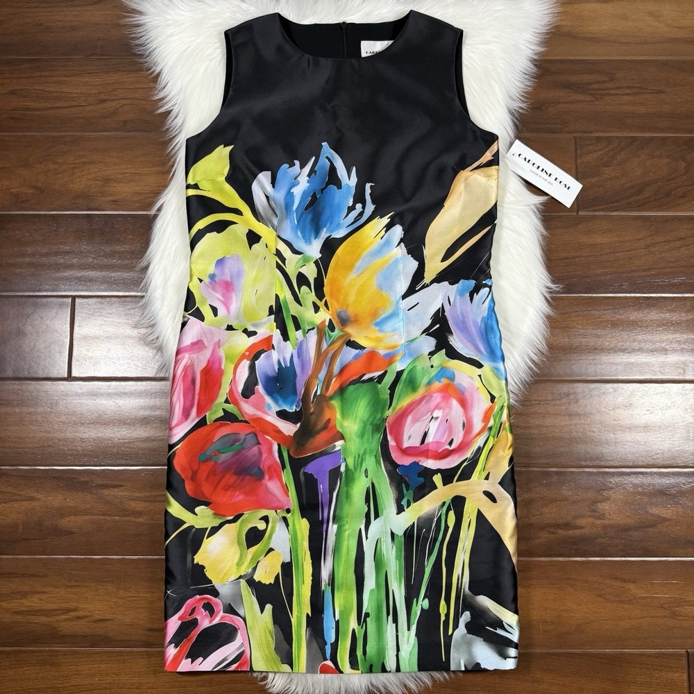 Caroline Rose Women's Size XS Black Floral Bouquet Sleeveless‎ Sheath Dress